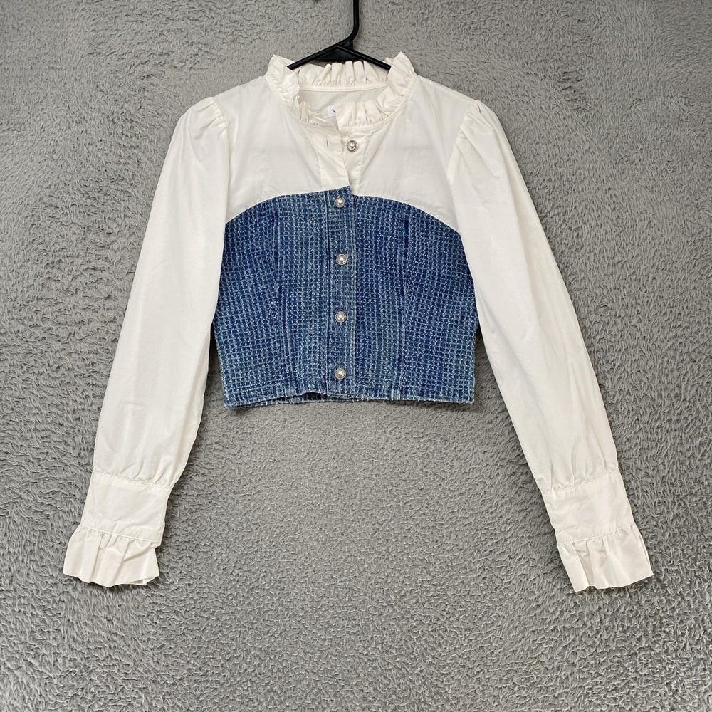 Urban Revivo Crop Top Womens Small Blue White Tweed Mock Neck Ruffle Western